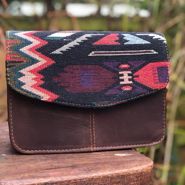 Small brown leather clutch bag with aztec design, ethically made unique bag, sustainable leather, recycled leather purse, slow fashion bag