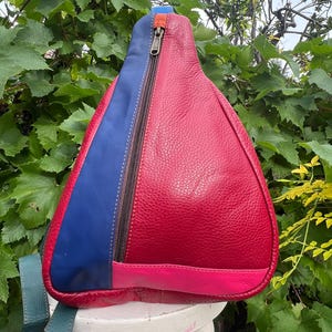 Small coloured leather sling/crossbody bag, repurposed leather, triangle shaped EDC, ethically crafted, Fairtrade, travel accessory