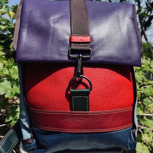 Unique colourful lightweight padded leather backpack, repurposed leather, perfect for travel/baby change/laptop, leather rucksack, Fairtrade
