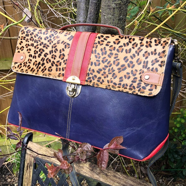 Coloured leather laptop bag, recycled buffalo leather messenger, Fairtrade, sustainable blue leather/leopard print laptop bag, zerowaste bag