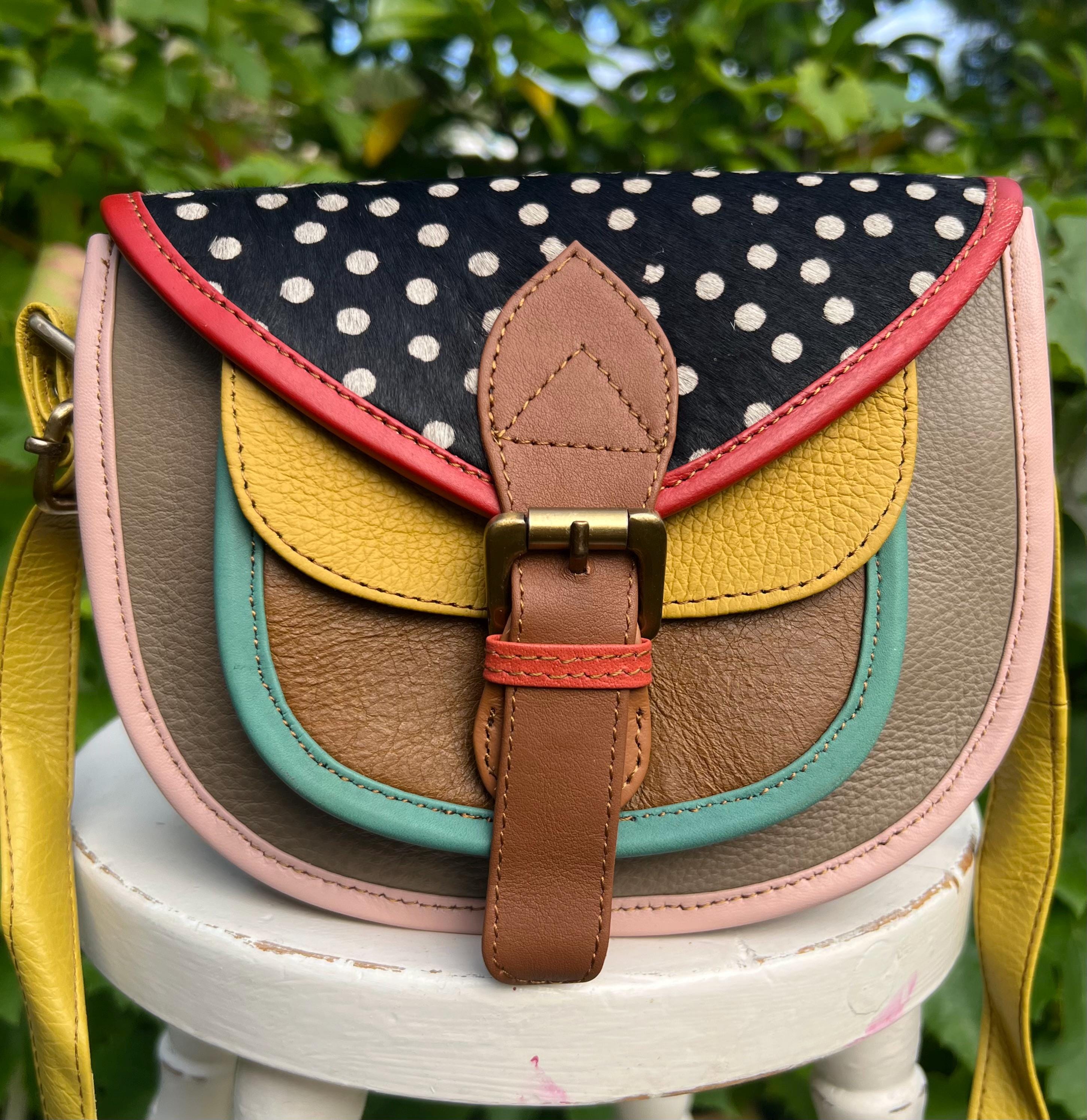 Colourful real leather/fur bag, repurposed leather, unique zerowaste shoulder bag, ethically crafted, Fairtrade, bag for summer, free UK p&p