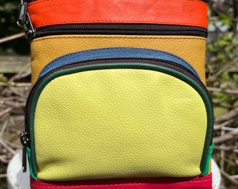 Travel accessory, soft leather compartment bag, colourful repurposed leather organiser bag, 5 zipped pockets, unique shoulder bag