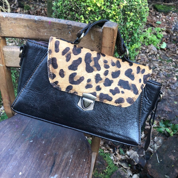 Quirky black leather/leopard print handbag, zerowaste shoulder bag, ethically crafted from recycled leather, one-of-a-kind purse for her