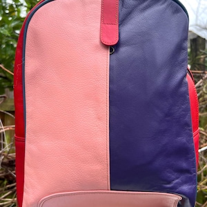 Colourful leather backpack, zerowaste repurposed leather rucksack, handmade ethically crafted bag, sustainable leather, unique backpack