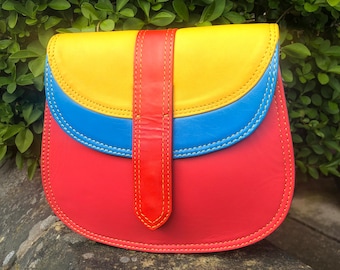 Small colourful leather bag, quirky recycled leather handbag, sustainable leather bag, Fairtrade, ethically crafted shoulder bag, unique bag