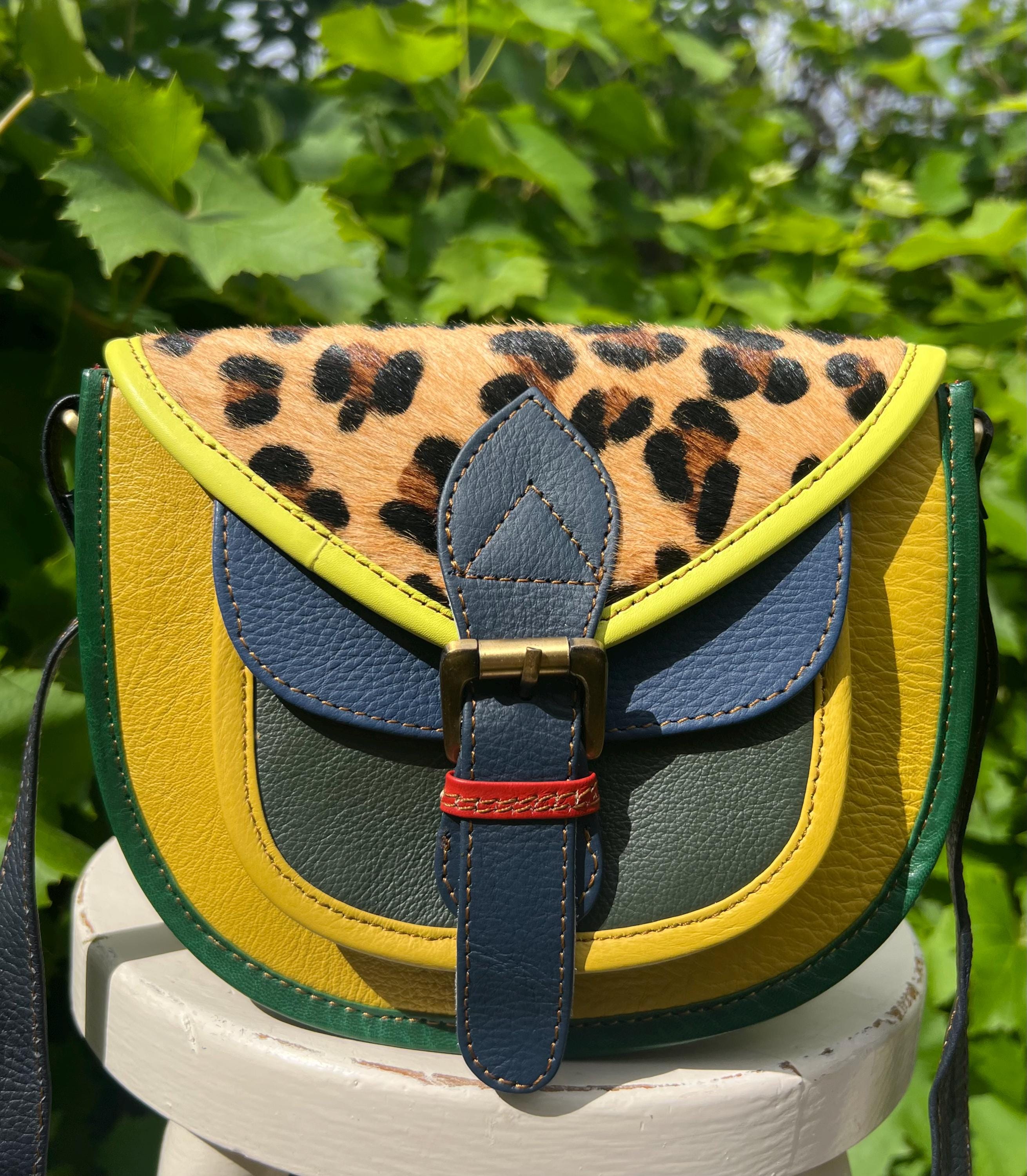 Vibrant yellow leather/animal print bag, recycled leather, unique shoulder bag, ethically crafted, Fairtrade, bag for summer, free UK p&p
