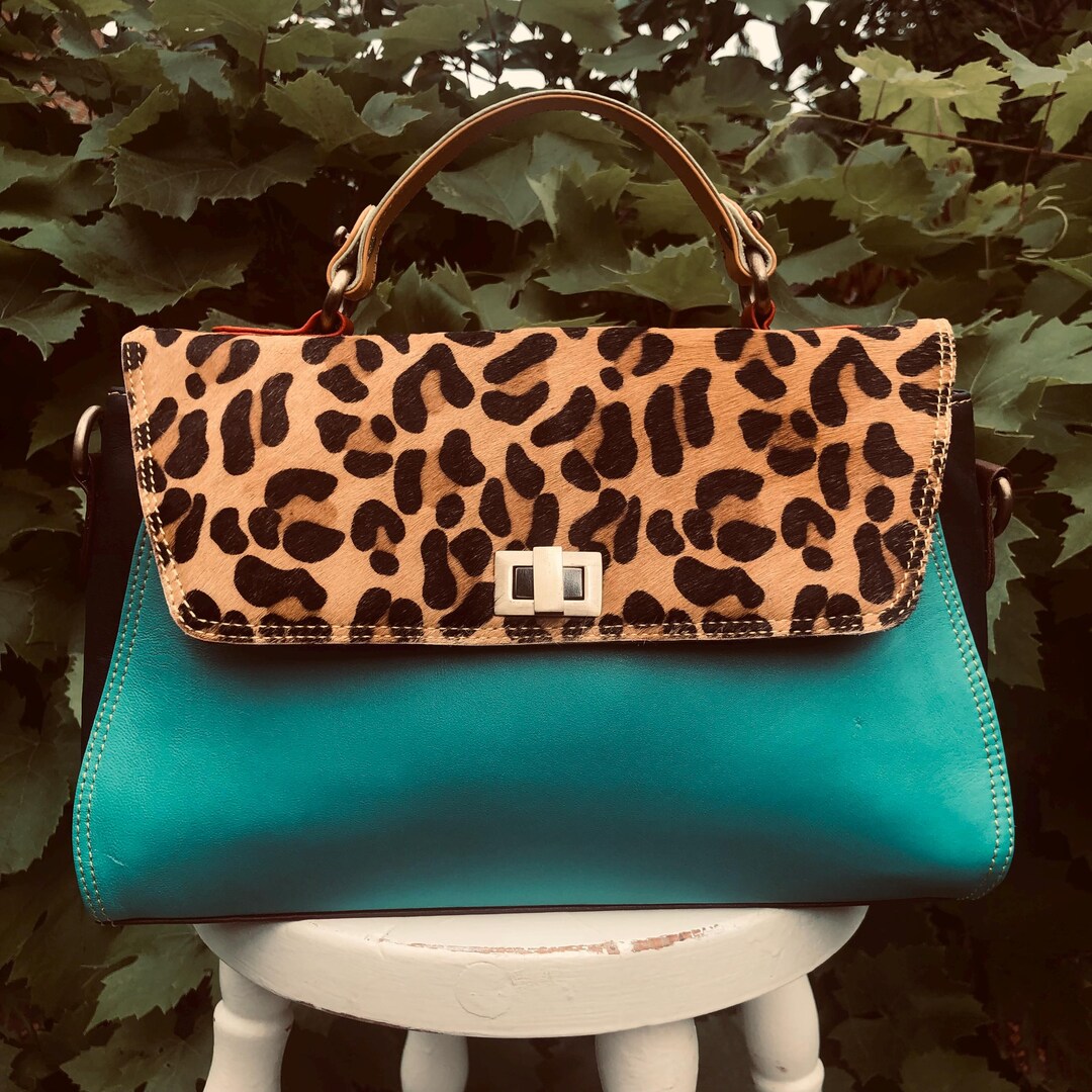 Turquoise Blue Leather/leopard Print Bag, Recycled Leather Bag With Top