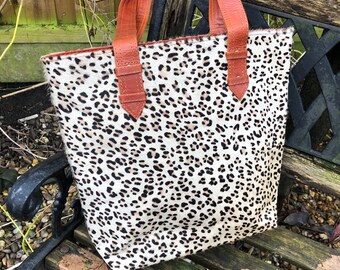 Unique tote bag, leopard print tote, quirky zerowaste  purse, animal print/leather shopper, sustainable recycled leather bag, ethically made