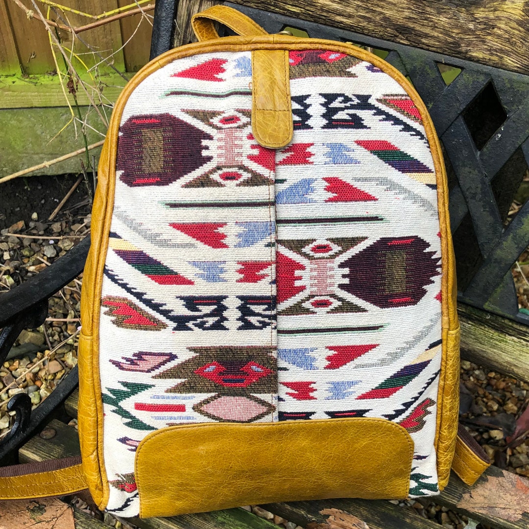 Lightweight Kilim & Leather Backpack, Aztec Design, Travel/festival ...