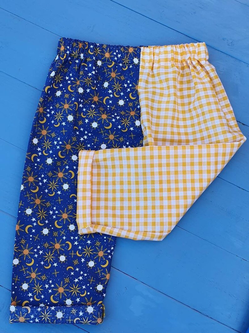 Kids split colour half and half pants. Yellow gingham and blue Etsy