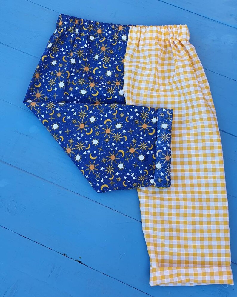 Kids split colour half and half pants. Yellow gingham and blue Etsy