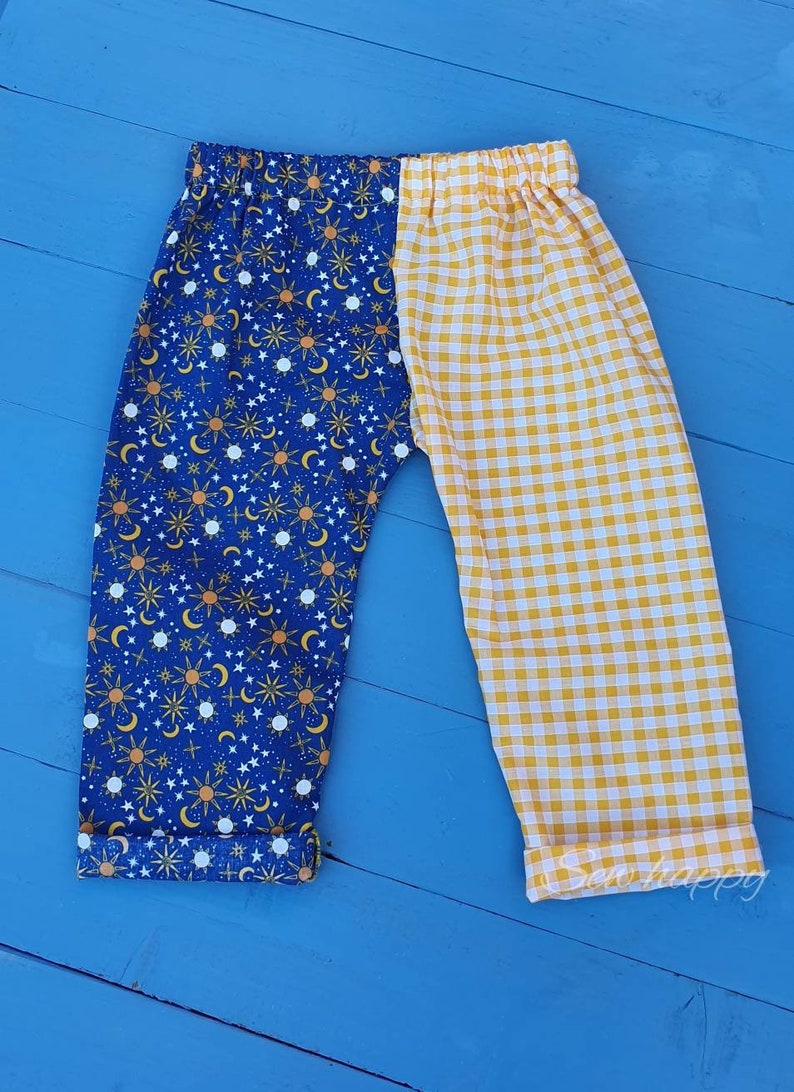 Kids split colour half and half pants. Yellow gingham and blue Etsy