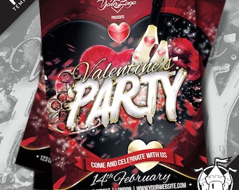 May include: A red and black Valentine's Day party flyer with a heart shape and the text "Valentine's Party" in white with gold accents. The flyer also includes the text "Come and Celebrate with Us" and "14th February".