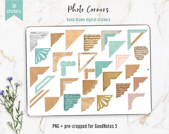 Digitale Planner Stickers - 36 Fotohoeken. Digital Junk Journal Diary Spreads GoodNotes 5 voorgesneden bestand + afzonderlijke PNG-stickers maken