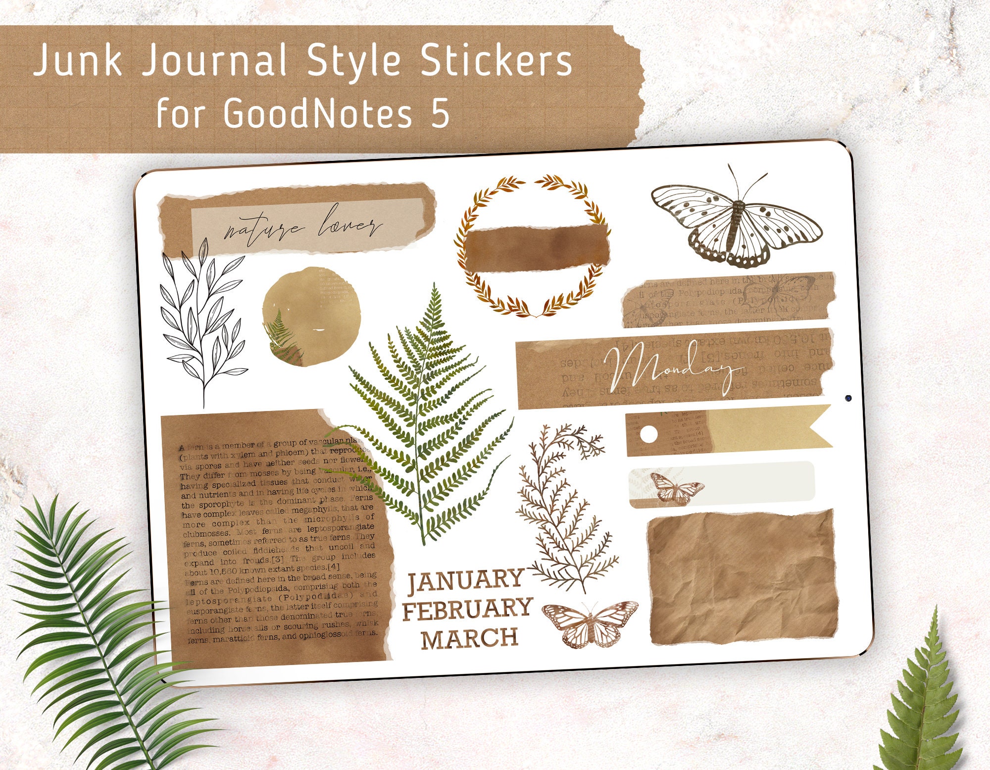 Botanical Junk Journal Digital Stickers for Goodnotes 5 Pre