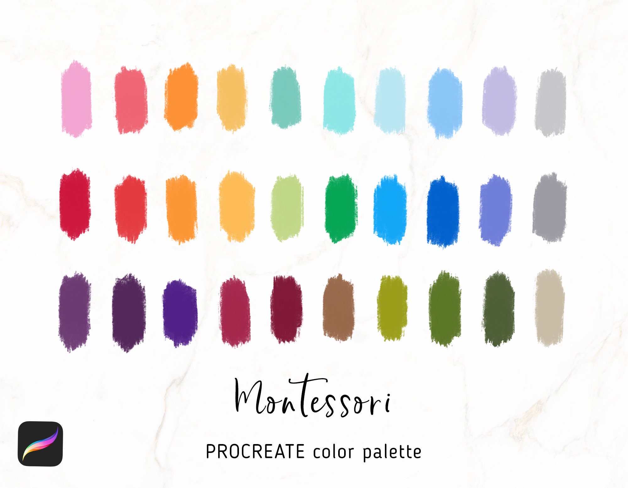 Paleta de colores Montessori para Procreate – 30 swatches seleccionados para iPad