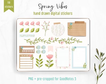 Digital Stickers Spring Vibes, Botanical Style PNG + GoodNotes 5 pre-cropped. Pastel Colors Digital Planner Stickers. Elegant Stickers Kit