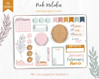 Digitale stickers maandelijkse kit - Roze Melodieën. GoodNotes 5 voorgesneden + 173 PNG stickers. Kraft Boho Style Lineart Stickers voor GoodNotes
