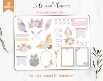 Digital Stickers Kit Owl Edition Boho Style. PNG stickers + precropped GoodNotes 5 Stickers Kit. Owls digital stickers, washi, sticky notes