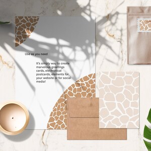 May include: A set of digital design elements featuring a brown and white giraffe print pattern. The design elements include a card, an envelope, and a coffee bag. The text "Use as you need" and "It's simply way to create marvelous greetings cards, electronical postcards, elements for your website or for social media!" is printed on a white card. The text "coffee shop" is printed on a brown coffee bag.