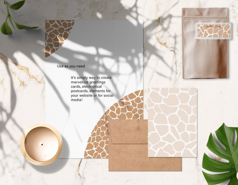 May include: A set of digital design elements featuring a brown and white giraffe print pattern. The design elements include a card, an envelope, and a coffee bag. The text "Use as you need" and "It's simply way to create marvelous greetings cards, electronical postcards, elements for your website or for social media!" is printed on a white card. The text "coffee shop" is printed on a brown coffee bag.
