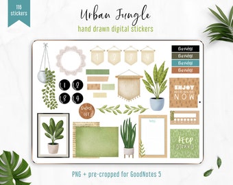 Digital Stickers Urban Jungle, Botanical Style PNG + GoodNotes 5 stickers pre-cropped. Greenery digital Junk journal style, washi tapes