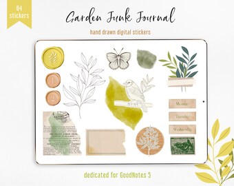 Garden Junk Journal Digitale Stickers voor GoodNotes 5 | voorgesneden | Kraft papier stickers, washi tapes, gescheurd papier
