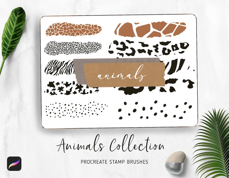May include: A set of 8 Procreate stamp brushes featuring animal print patterns. The patterns include giraffe, leopard, zebra, dalmatian, and polka dots. The brushes are displayed on a white background with the text "Animals Collection" and "Procreate Stamp Brushes".