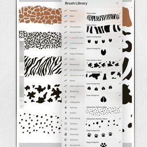 May include: A screenshot of a digital art app showing a library of 20 Procreate patterns and footprint brushes. The brushes include zebra, cow, dalmatian, and dog footprints. The app interface shows a gallery of the patterns and brushes.