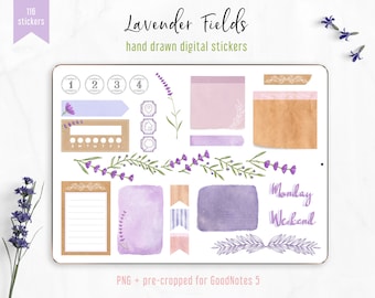 Digital Stickers Lavender Fields, Kraft Style PNG + GoodNotes 5 pre-cropped. Purple Digital Sticky Notes, Junk Journal Stickers, Washi Tapes