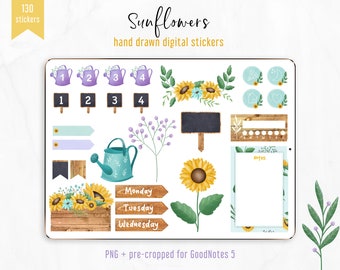 Digital Stickers Sunflowers, Digital Junk Journal. PNG + GoodNotes 5 pre-cropped. Digital Sticky Notes, Spring Vibes, Monthly Stickers Kit