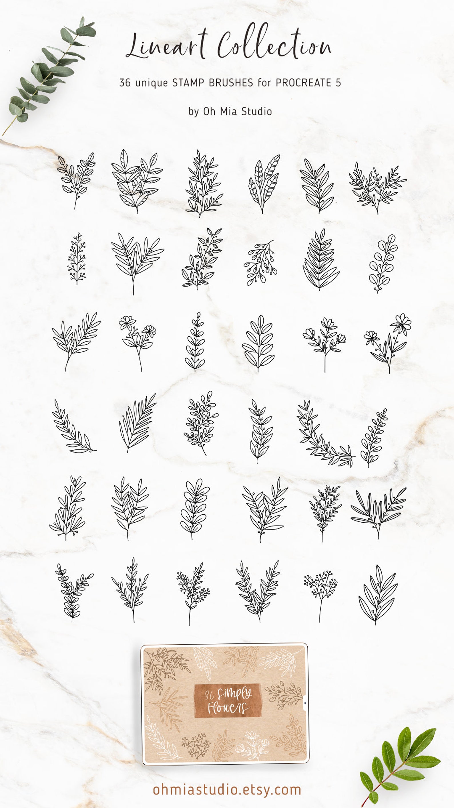 Procreate Flower Brushes | 36 Botanical Lineart Stamps | Botanical ...