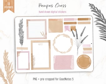 Botanische digitale stickers, Pampas Grass Junk Journal Style, delicate digitale stickers kit. Vooraf bijgesneden voor GoodNotes 5 + individuele PNG