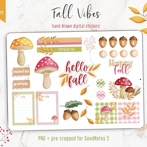 Może przedstawiać: Arkusz naklejek cyfrowych z motywem jesiennym. Arkusz zawiera różne naklejki z jesiennymi ilustracjami, takimi jak grzyby, żołędzie, liście i słowa "hello fall" i "happy fall".