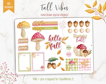 Digitale stickers Fall Vibes GoodNotes 5 + PNG stickers. 195 digitale sticker kit. Herfst weekpakket, Washi Tapes, Sticky Notes, Champignons