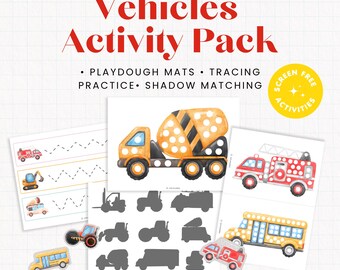 Activiteiten met bouwvoertuigen voor peuters | Speelkleimatten, schaduwen natekenen en overtrekken | Printbaar activiteitenboek (pdf) voor kinderen van 2-5 jaar