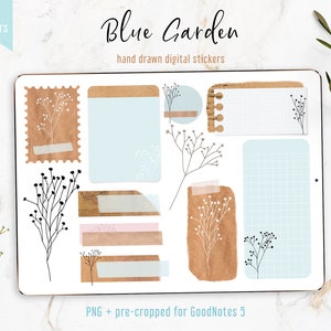 Digital Planner Stickers Kraft Style, BLUE edition | PNG +pre-cropped for GoodNotes 5  | Botanical, elegant stickers for digital planner