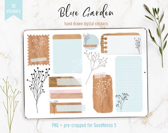 Kraftpapier | Digitale plaknotities, BLAUWE editie | PNG + voorgesneden voor GoodNotes 5 | Botanische, elegante stickers voor je digitale planner