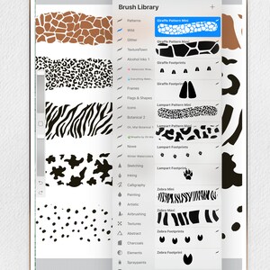 May include: A screenshot of a digital art app showing a library of 20 Procreate patterns and footprint brushes. The brushes are organized into categories such as patterns, frames, icons, and more. The brushes are displayed in a grid format, with each brush shown in a small square. The brushes are all black and white, and they feature various animal prints, including giraffe, zebra, and cow.