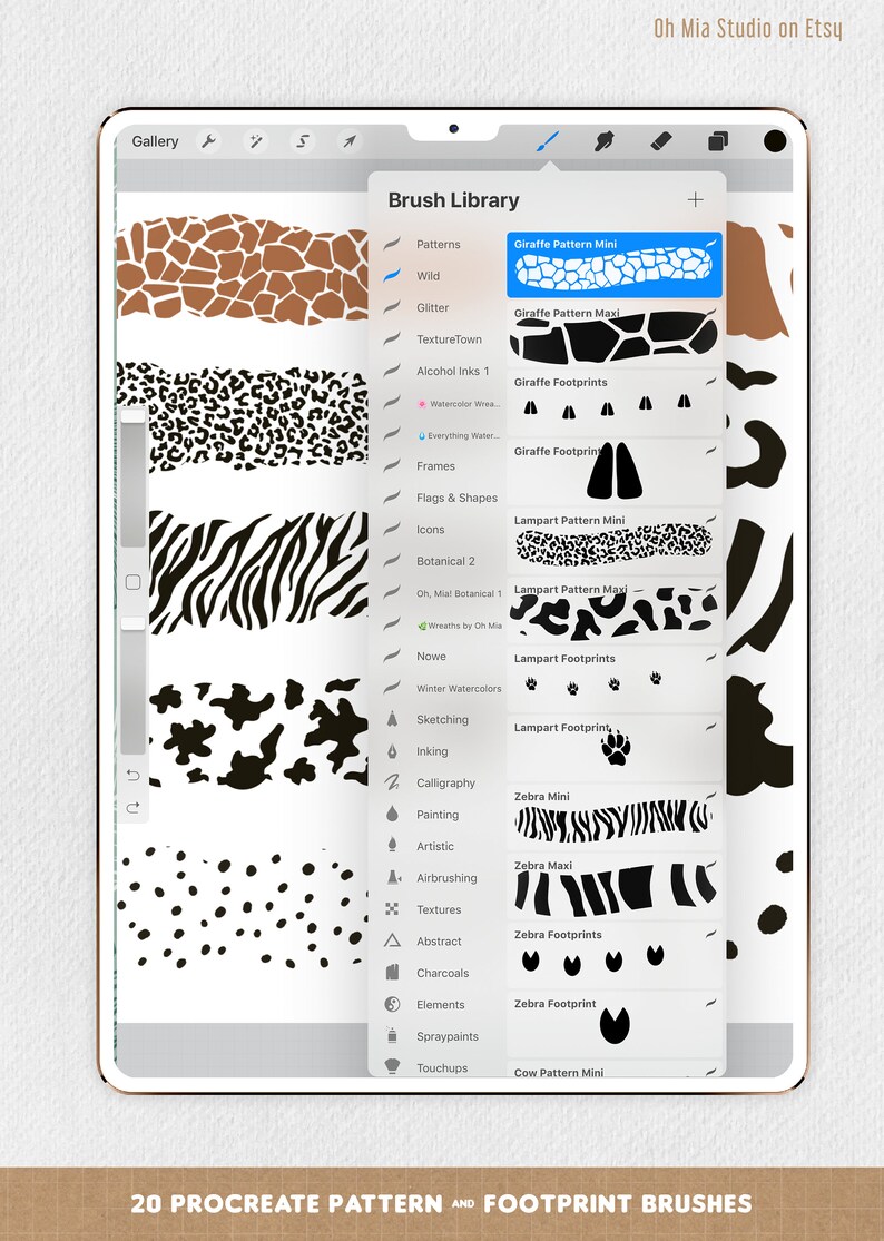 May include: A screenshot of a digital art app showing a library of 20 Procreate patterns and footprint brushes. The brushes are organized into categories such as patterns, frames, icons, and more. The brushes are displayed in a grid format, with each brush shown in a small square. The brushes are all black and white, and they feature various animal prints, including giraffe, zebra, and cow.