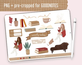 Booklover Digital Planner Stickers | Bookworm | Bookish | PNG + pre-cropped GoodNotes 5 stickers | Book Review | Reading Girl Autumn Style