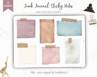 Digital Junk Journal Sticky Notes Craft Style Oud Papier Washi Tapes Botanische decoratieve digitale stickers | PNG +vooraf bijgesneden voor GoodNotes 5