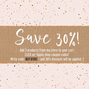 May include: A brown textured background with gold glitter accents. The text "Save 30%" is written in white. The text below reads "Add 3 products from my store to your cart CLICK on "Apply shop coupon codes" Write code: BUY3FOR2 - and 30% discount will be applied :)"