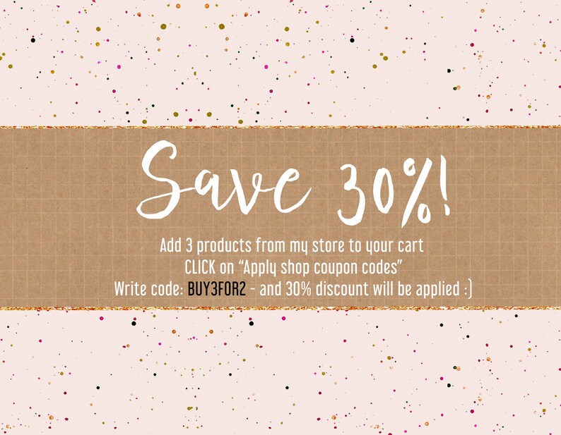 May include: A brown textured background with gold glitter accents. The text "Save 30%" is written in white. The text below reads "Add 3 products from my store to your cart CLICK on "Apply shop coupon codes" Write code: BUY3FOR2 - and 30% discount will be applied :)"