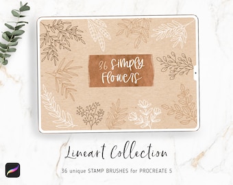Procreate Flower Brushes | 36 Botanical Lineart Stamps | Botanical Leaves, decorative kit for Procreate 5, Floral, Hand Drawn Flowers