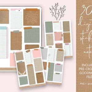 Op de afbeelding: Een digitale planner stickerset met meer dan 30 voorgeknipte sticky notes in verschillende kleuren en patronen. De notities omvatten raster-, regel- en blanco-opties. De set bevat een Goodnotes-bestand.