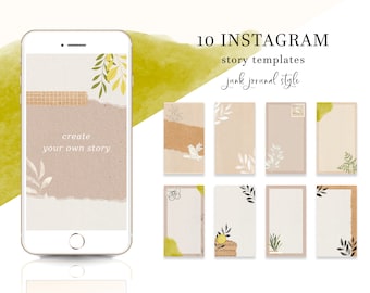10 Instagram story template in junk journal style. Kraft paper & journal style, botanical social media template