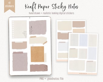 Kraft Paper Digital Sticky Notes - Minimale set in neutrale kleuren. GoodNotes 5 + PNG digitale stickers. Junk journal. Gescheurde papieren stickers