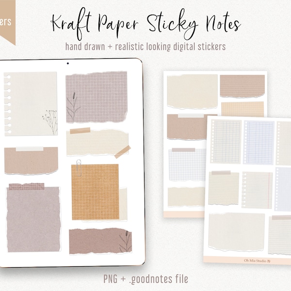 Kraft Paper Digital Sticky Notes - Minimal Set in neutral colors. GoodNotes 5 + PNG digital stickers. Junk journal. Torn paper stickers