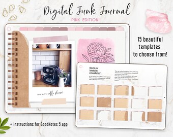 Digital Junk Journal ROZE editie Kraft Style. PDF-dagboek voor GoodNotes, 12 tabbladen met hyperlinks + 15 sjablonen. Plakboek en fotoalbum